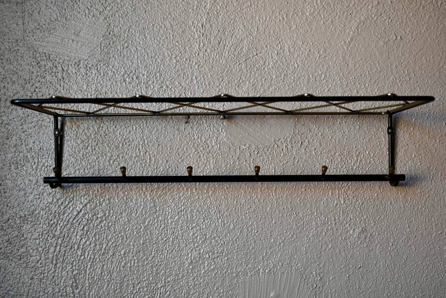 Vintage retro wall coat rack – Black metal & brass Mid-Century design
