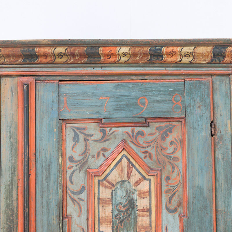 Rustic Weathered Farmhouse Folk Art Painted Bridal Cabinet from 1798