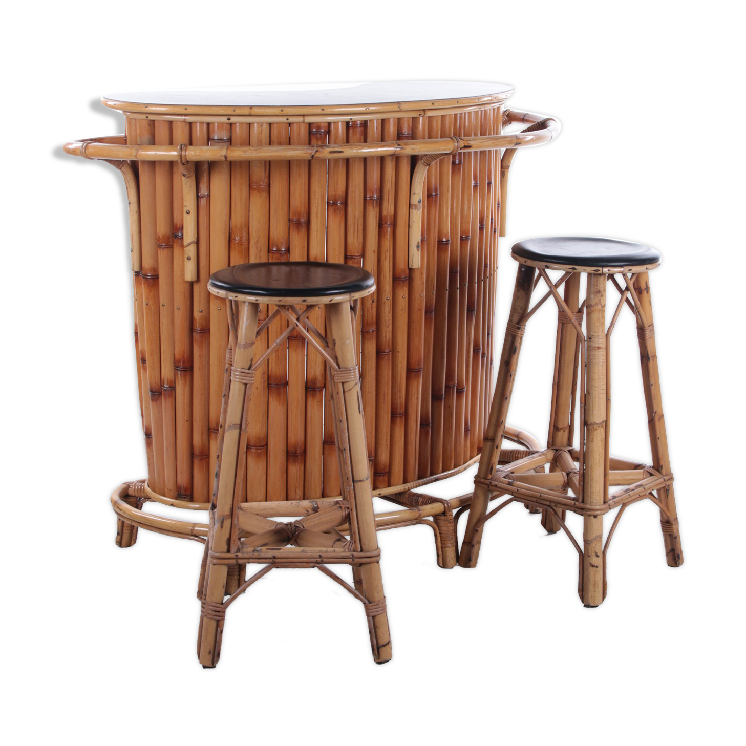 Vintage bamboo Tiki bar cocktail bar with 2 bar stools.