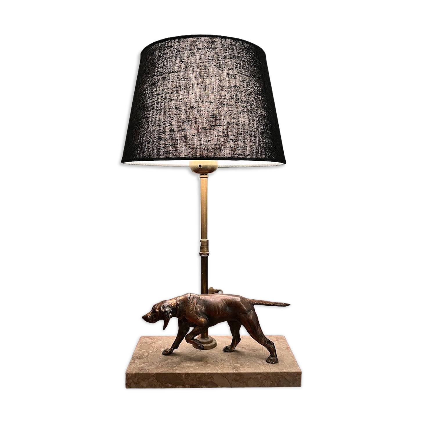 Vintage bronze hunting dog table lamp, marble base and brass tube