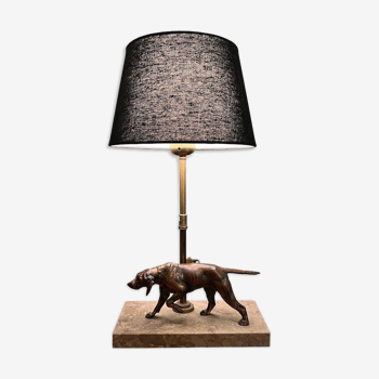 Vintage bronze hunting dog table lamp, marble base and brass tube