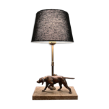 Vintage bronze hunting dog table lamp, marble base and brass tube