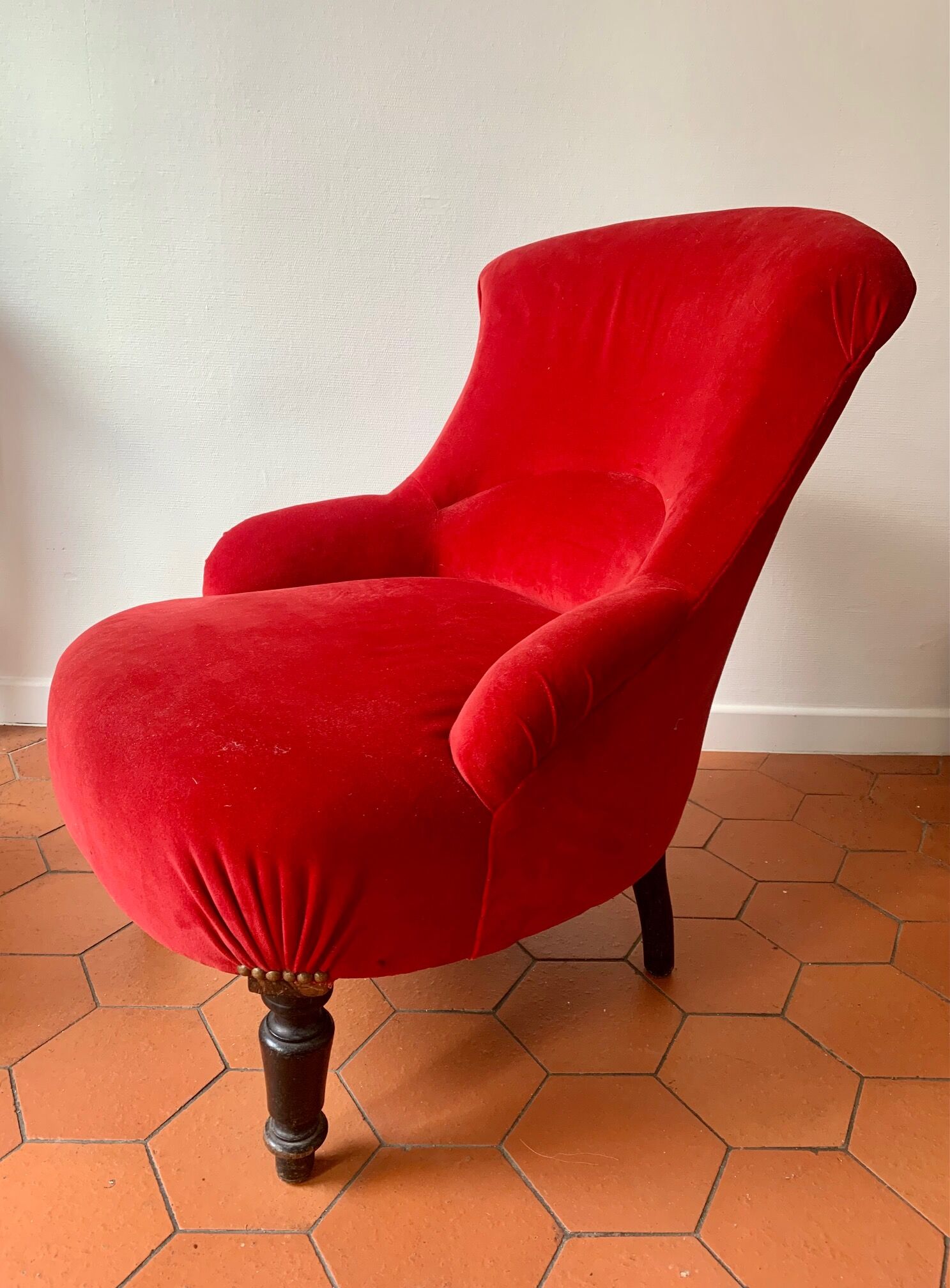 FAUTEUIL CRAPAUD STYLE Napoléon III en velours rouge orangé 1940'S EUR 150,00 - FR