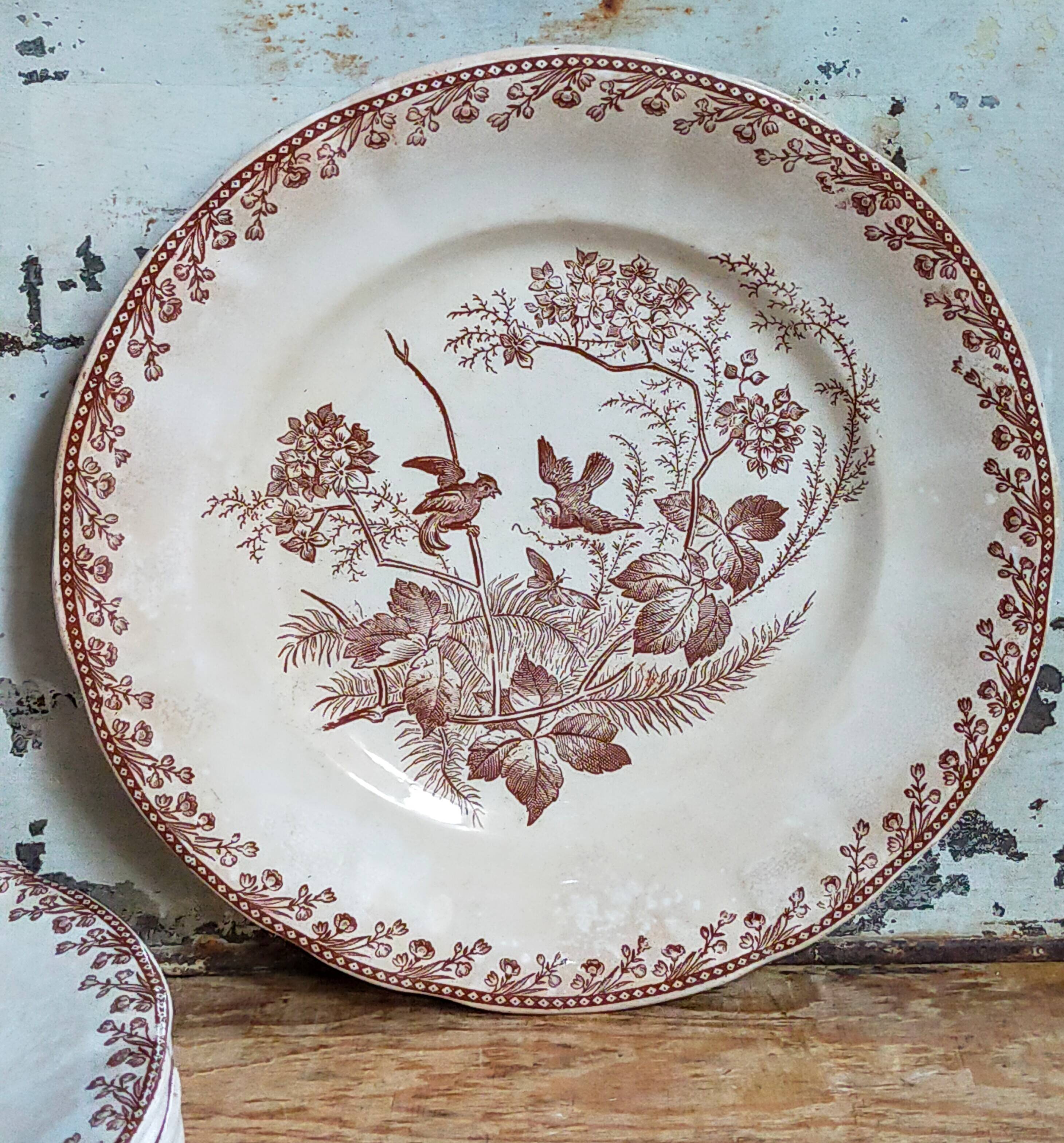 Seven iron earth dessert plates with birds ffPexonne late 19th century