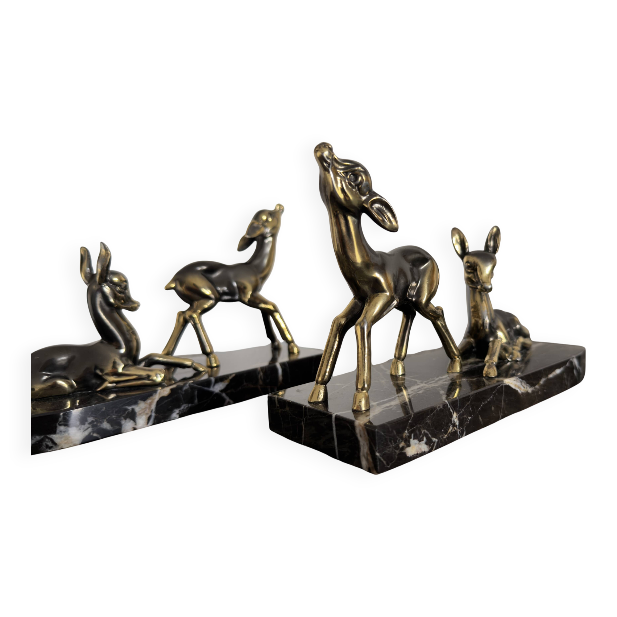 Art Deco bookends "Doe & Fawn" in black marble and gold metal