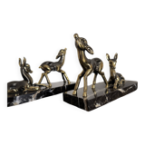 Art Deco bookends "Doe & Fawn" in black marble and gold metal