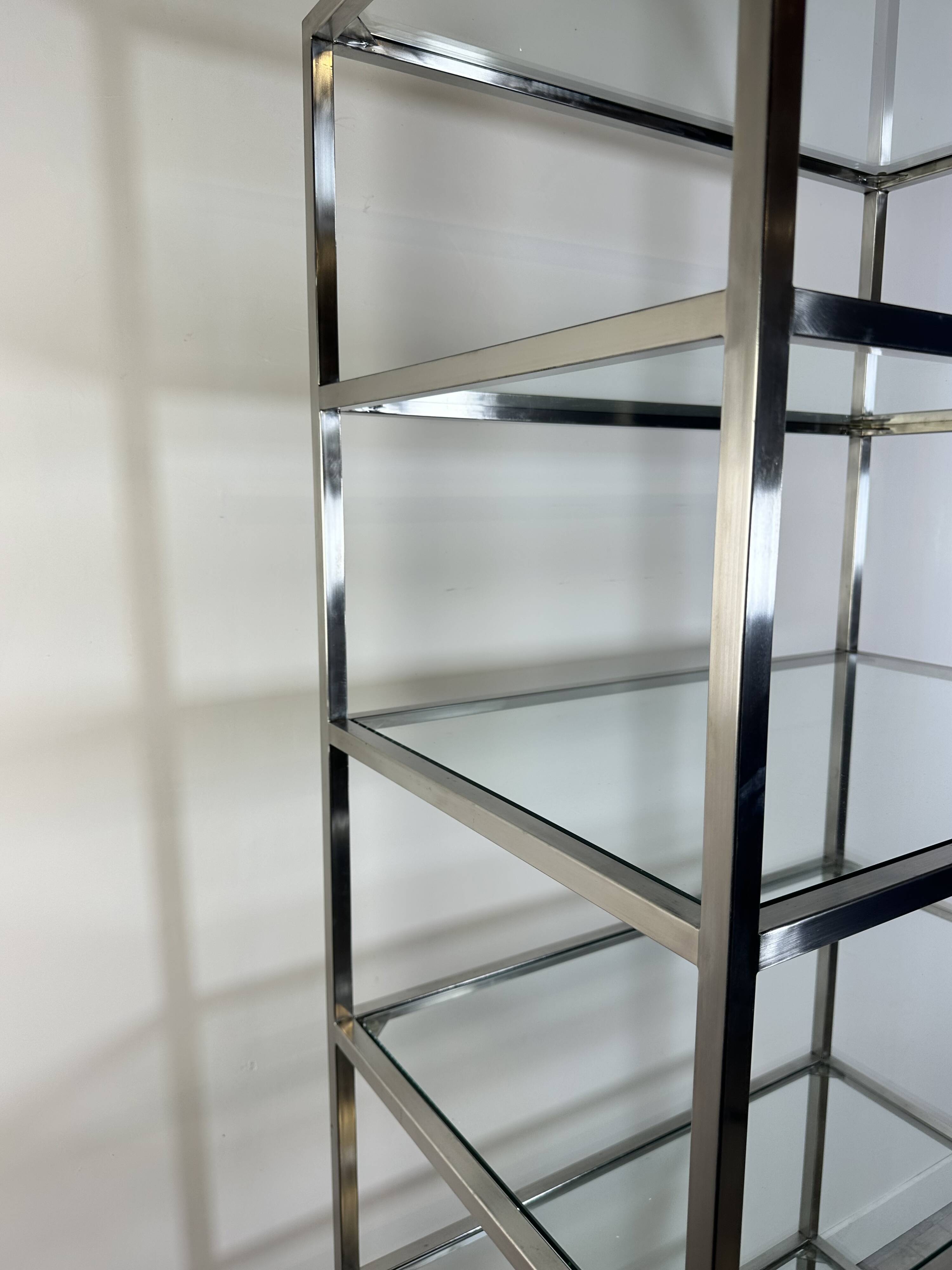 1980s stainless steel and glass bookcase shelf