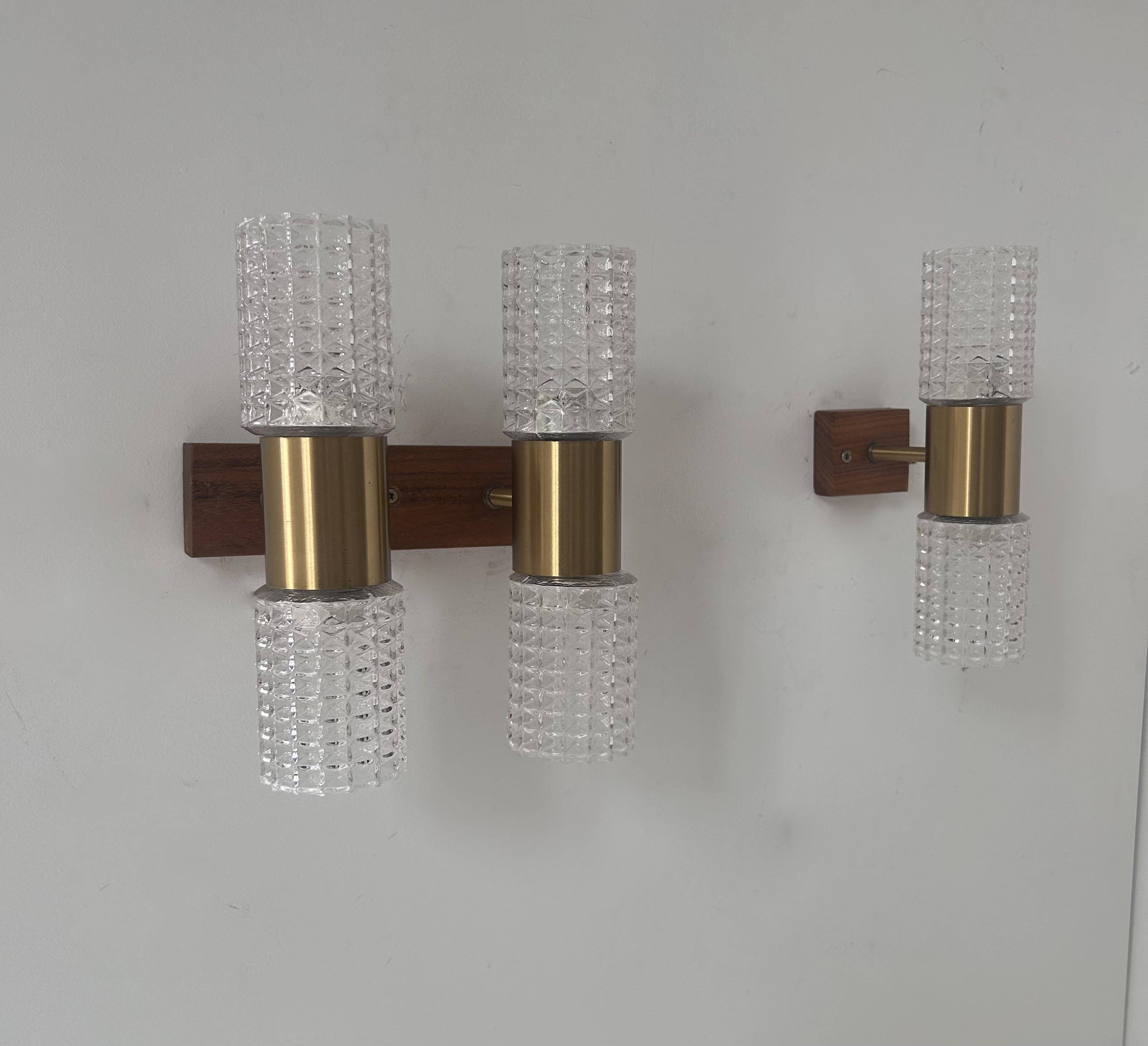 Pair of vintage wall lights, brass and molded glass, Sweden 1960s