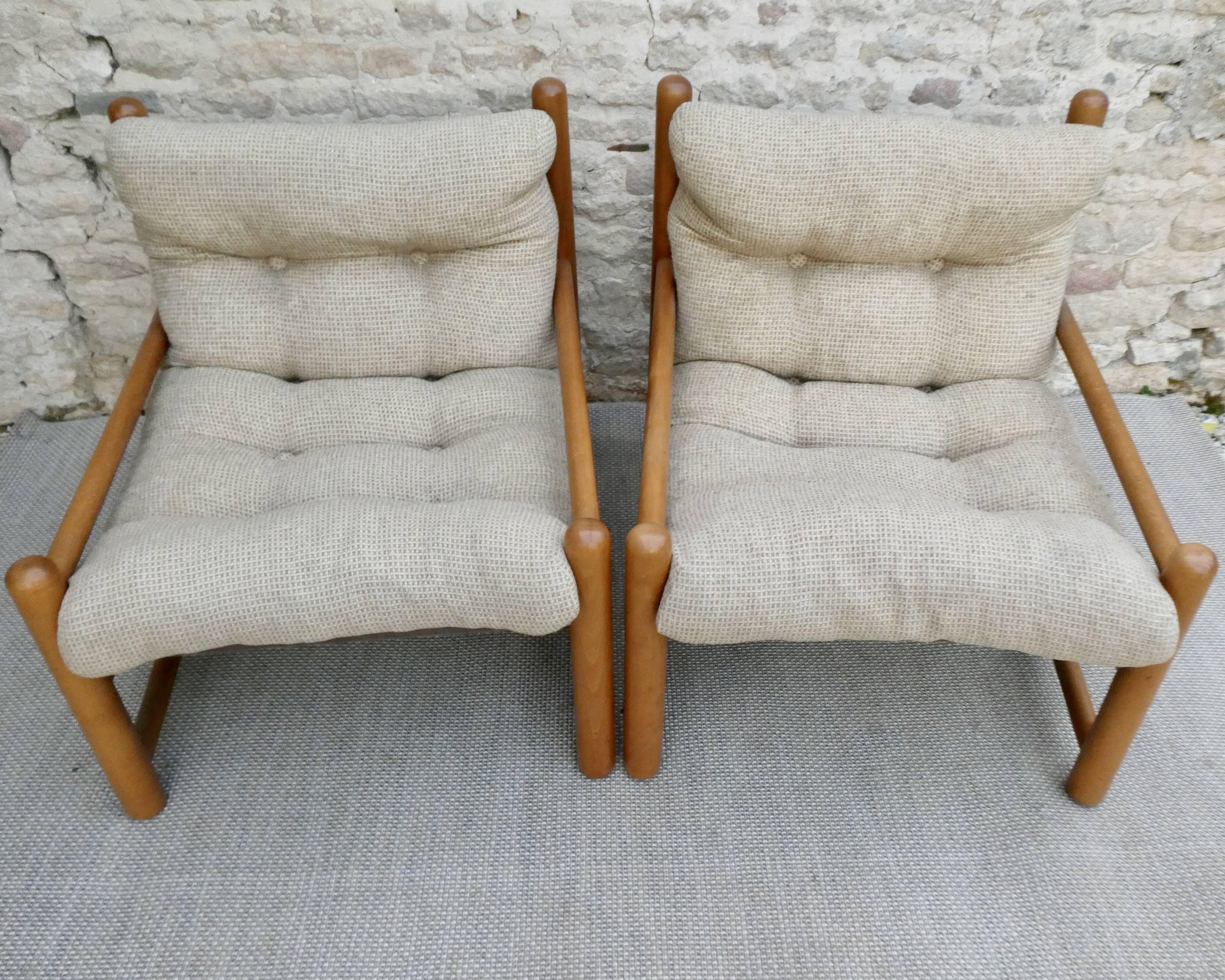 Pair of pine and woolly armchairs, 80s