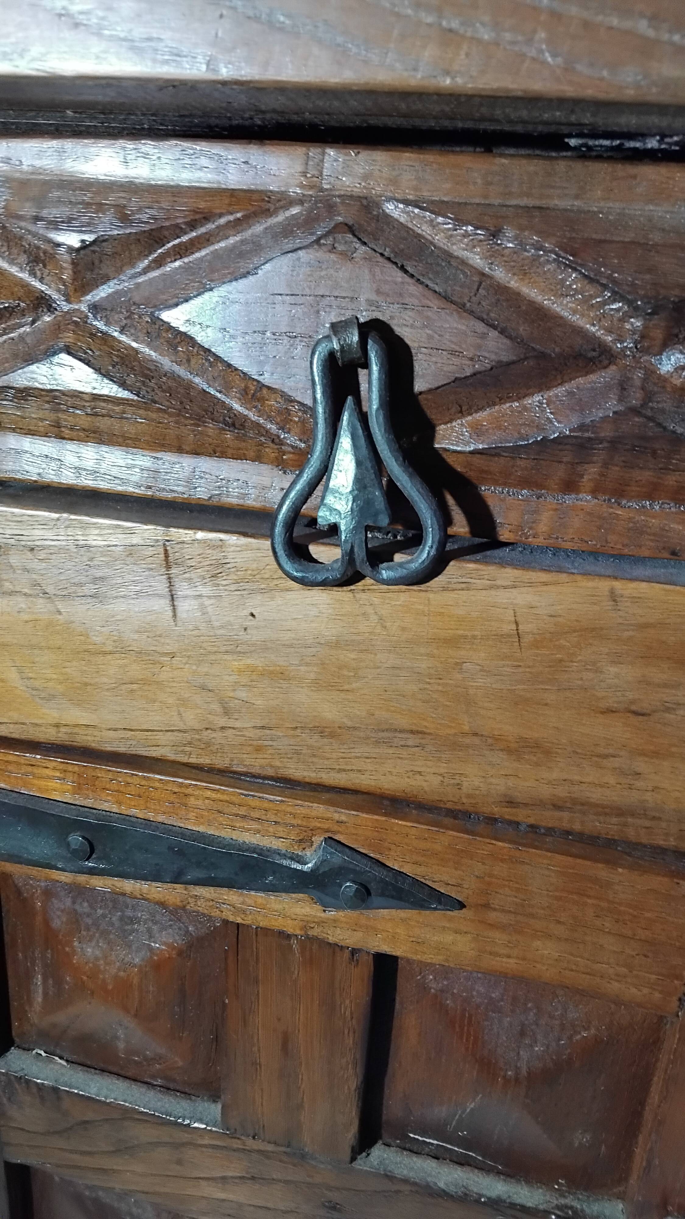 Small vintage brutalist solid oak jam cupboard with wrought iron trim