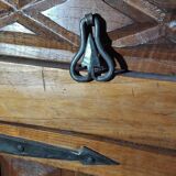 Small vintage brutalist solid oak jam cupboard with wrought iron trim