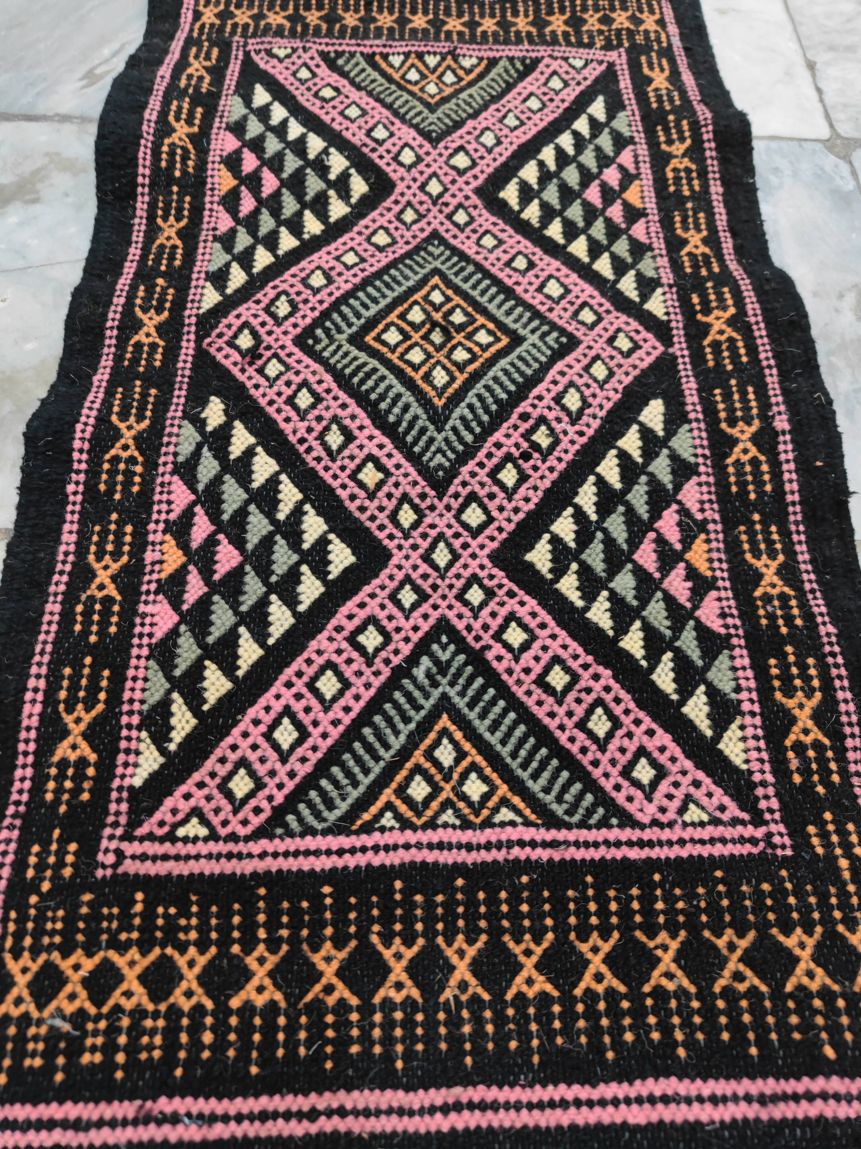 Colorful black margoum rug hand-woven in natural wool