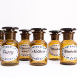 Set of 6 canister for spices, amber glass apothecary bottles