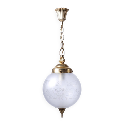 Suspension globe vintage en verre dépoli et métal doré, années 1960-1970