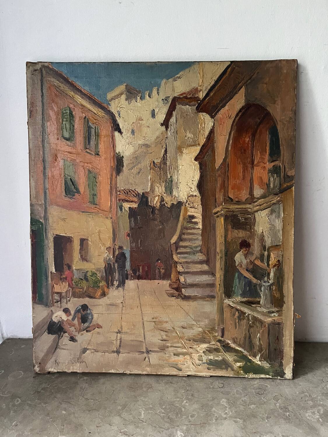 Scène de rue devant château, huile sur toile