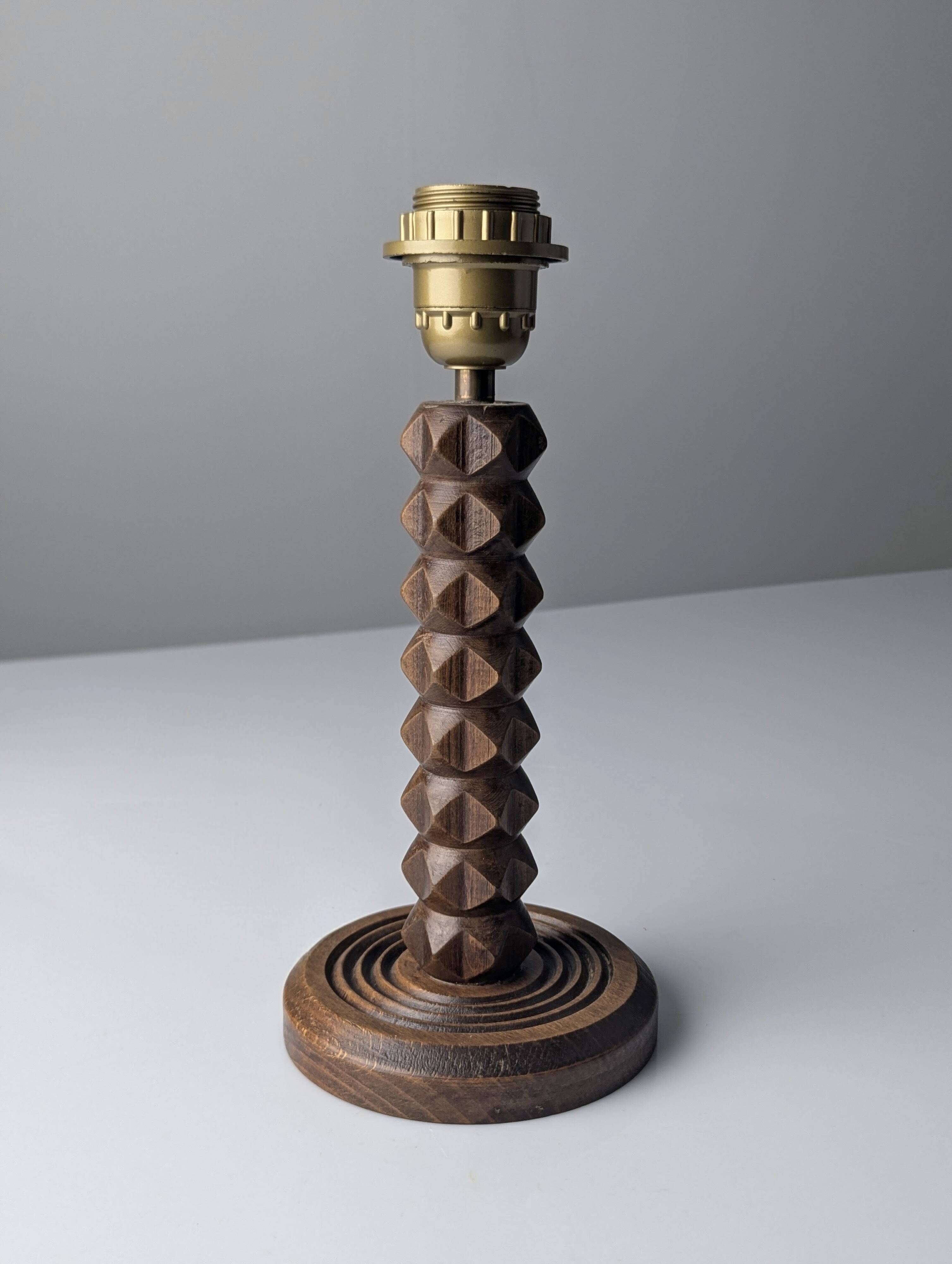 Charles Dudouyt oak table lamp with parchment shade, France, 1950s