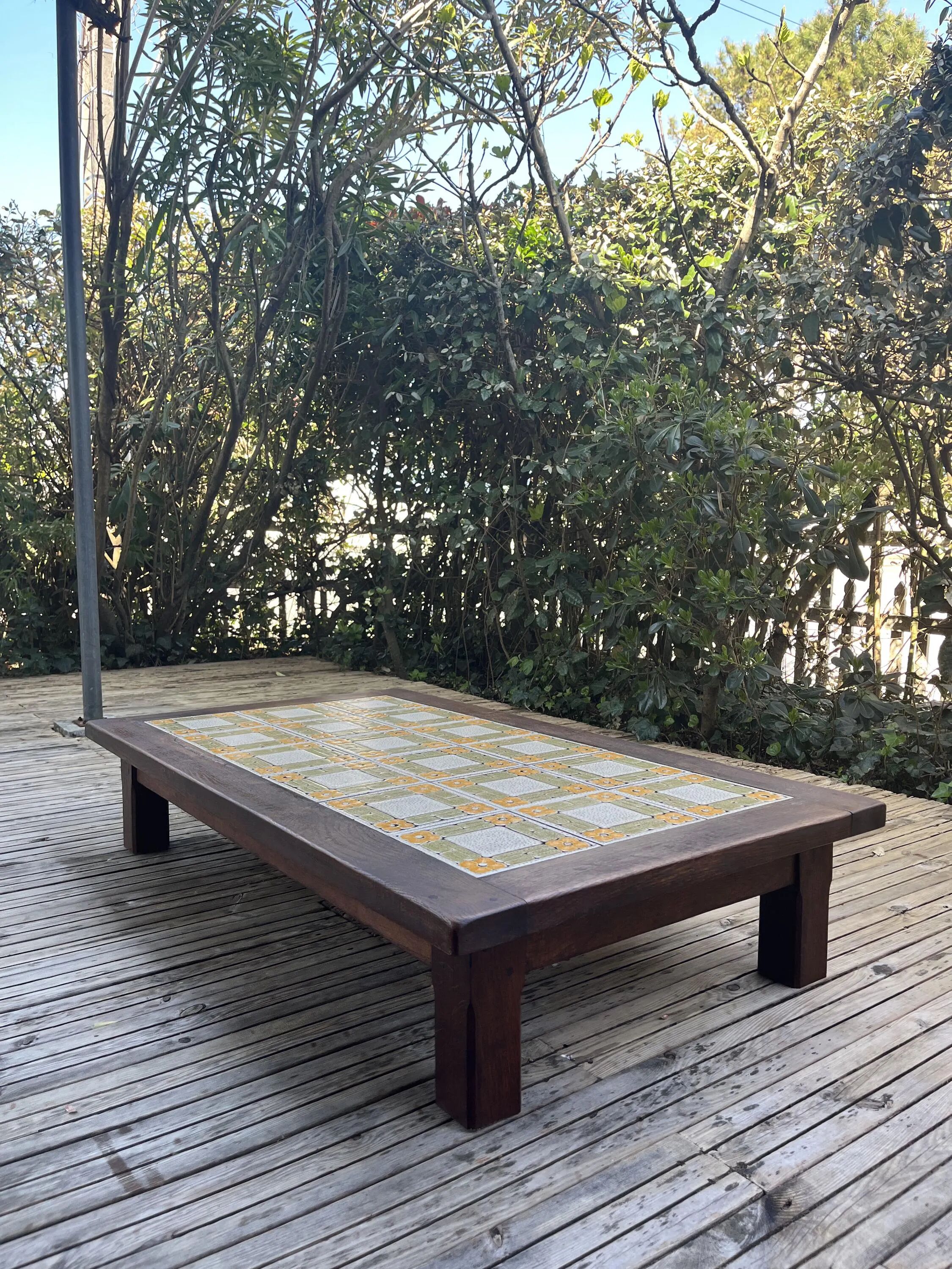 Large vintage 1960s oak and ceramic coffee table.