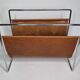 Vintage leather and chrome metal magazine rack, modernist design, 70s