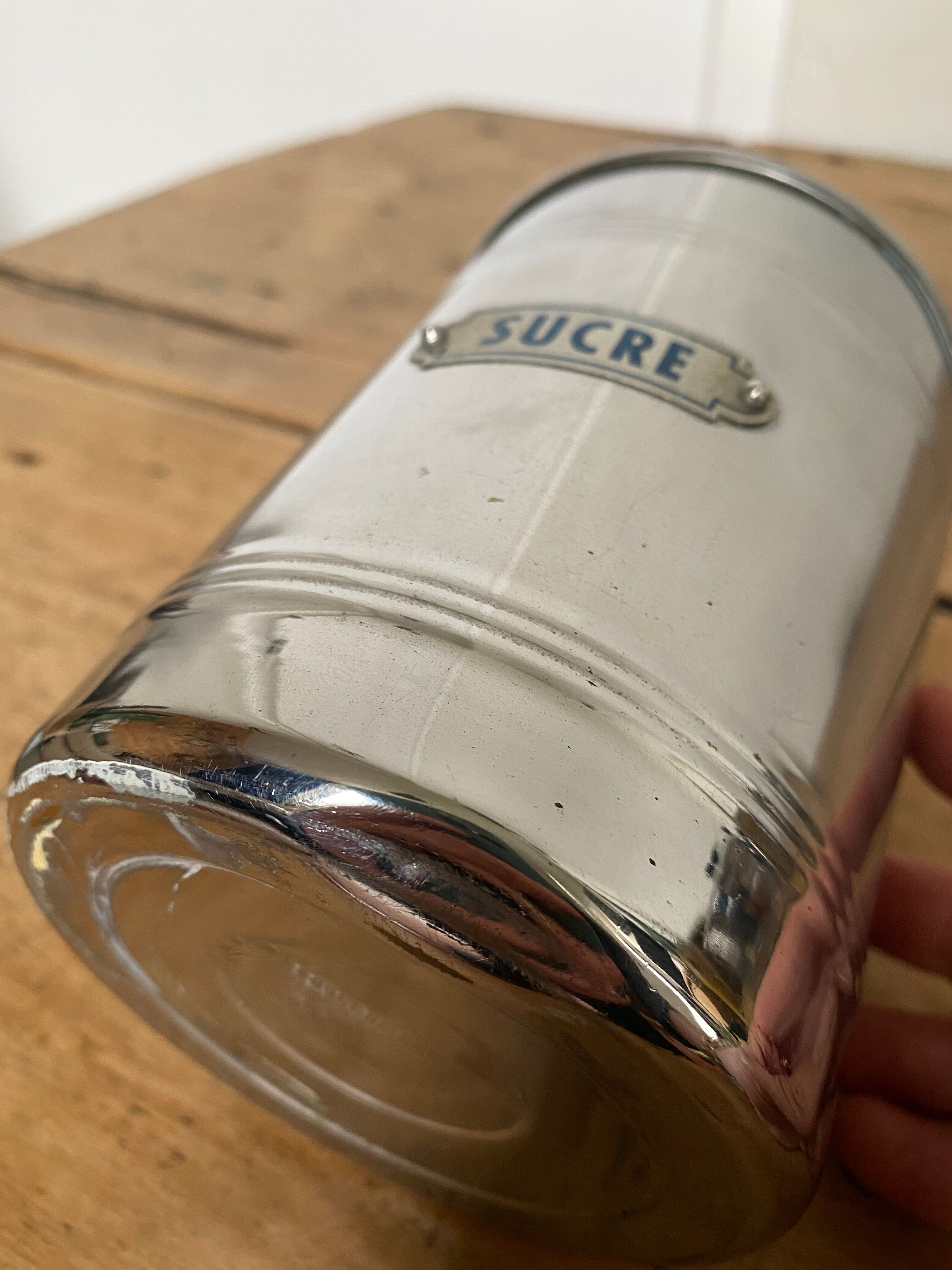 Set of two chrome-plated copper coffee/sugar jars stamped
