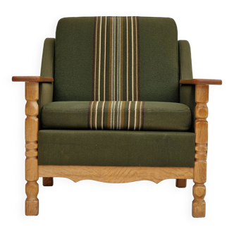 Fauteuil en laine verte et bois de chêne