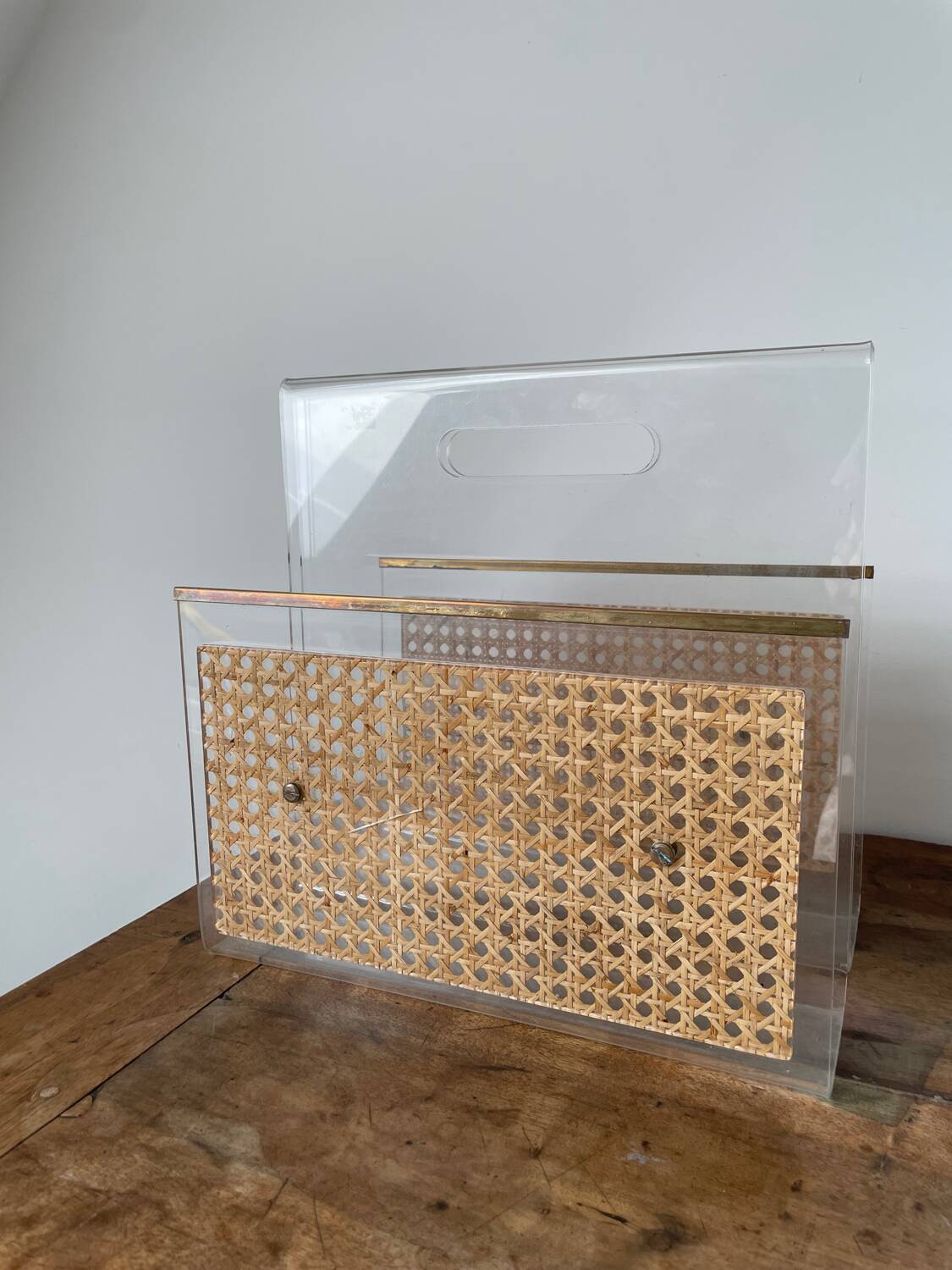 Magazine rack in plexiglass, brass and cane, 1970