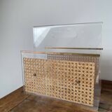 Magazine rack in plexiglass, brass and cane, 1970