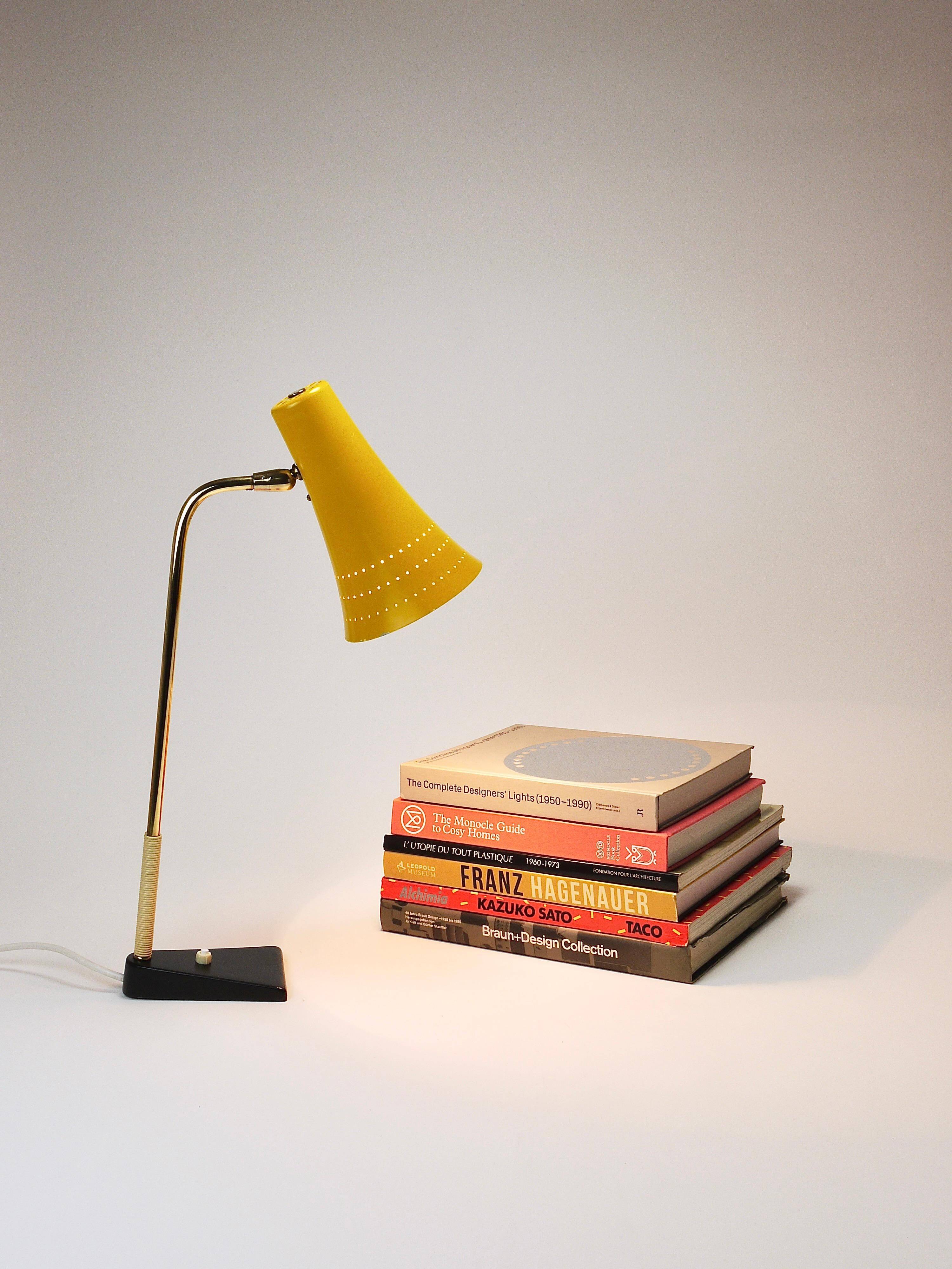 Yellow desk, table or accent lamp by J.T. Kalmar, brass and iron, Vienna, Austria, 1950s.