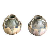 Pair of onion neck vases in flamed stoneware signed Denbac
