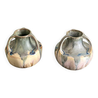 Pair of onion neck vases in flamed stoneware signed Denbac