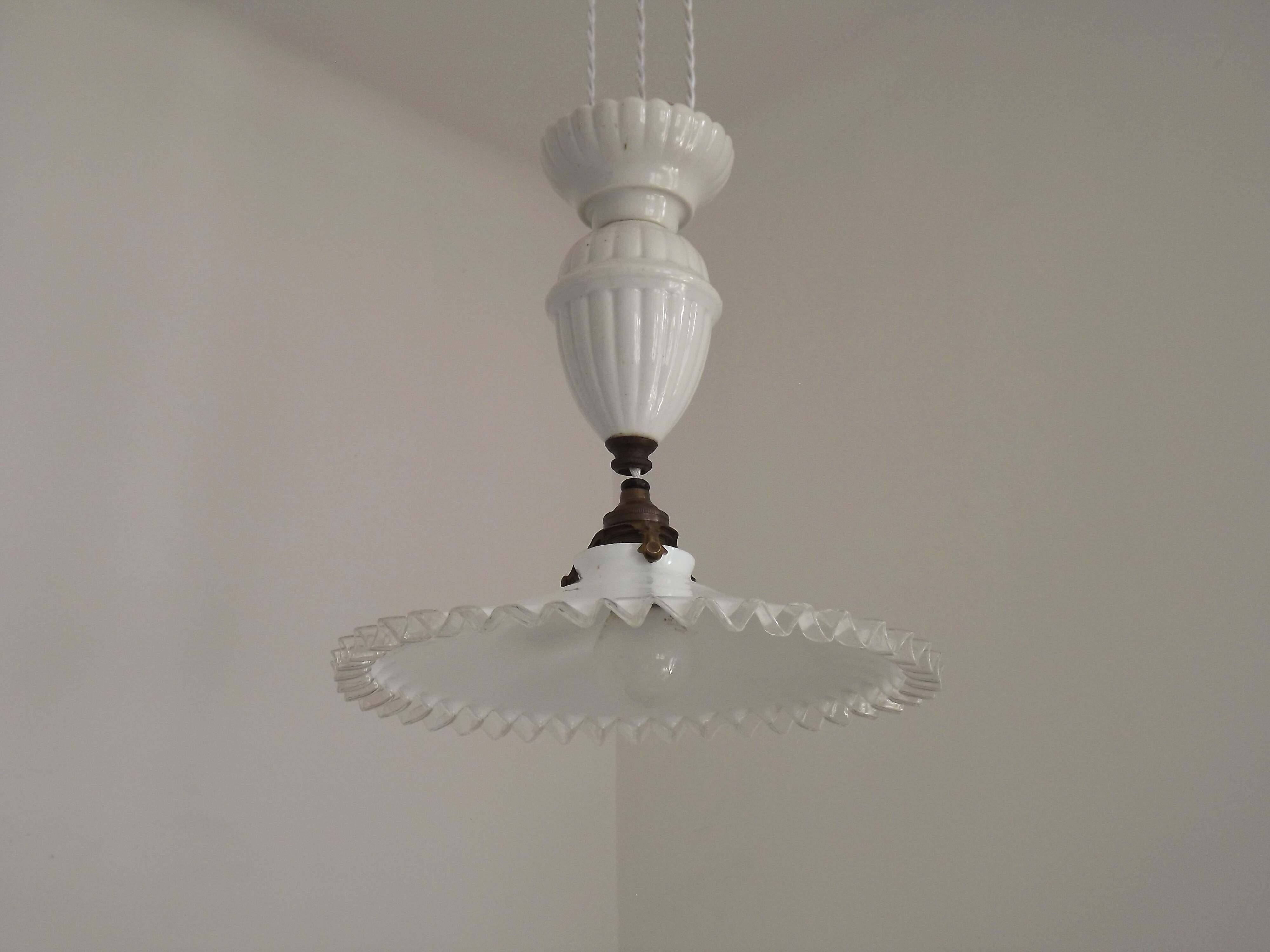 French Counter Balance Ceiling Light White Porcelain & Opaline Glass Shade