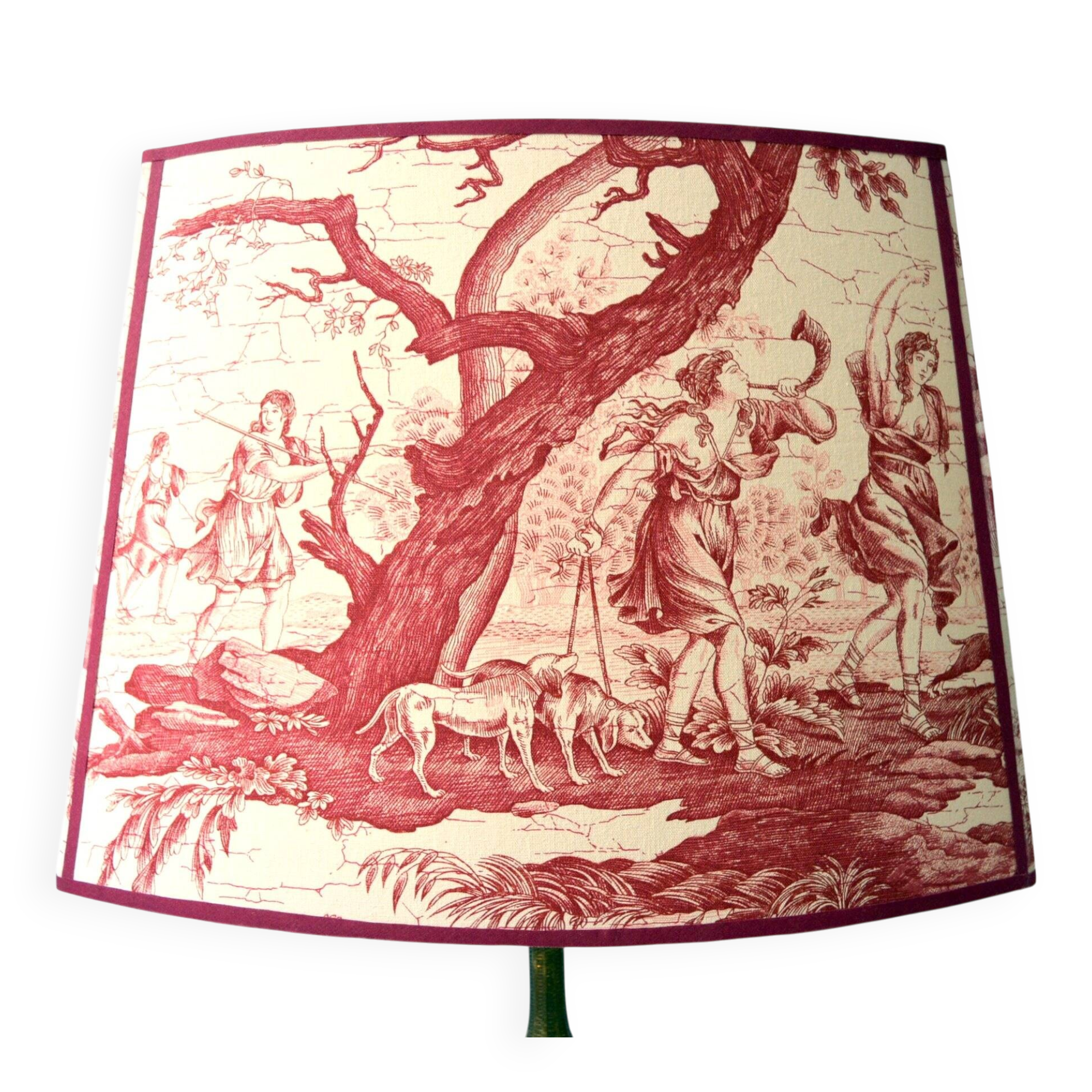 Red toile de Jouy fabric lampshade, Greek goddess Diana the huntress.