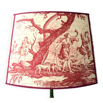 Red toile de Jouy fabric lampshade, Greek goddess Diana the huntress.