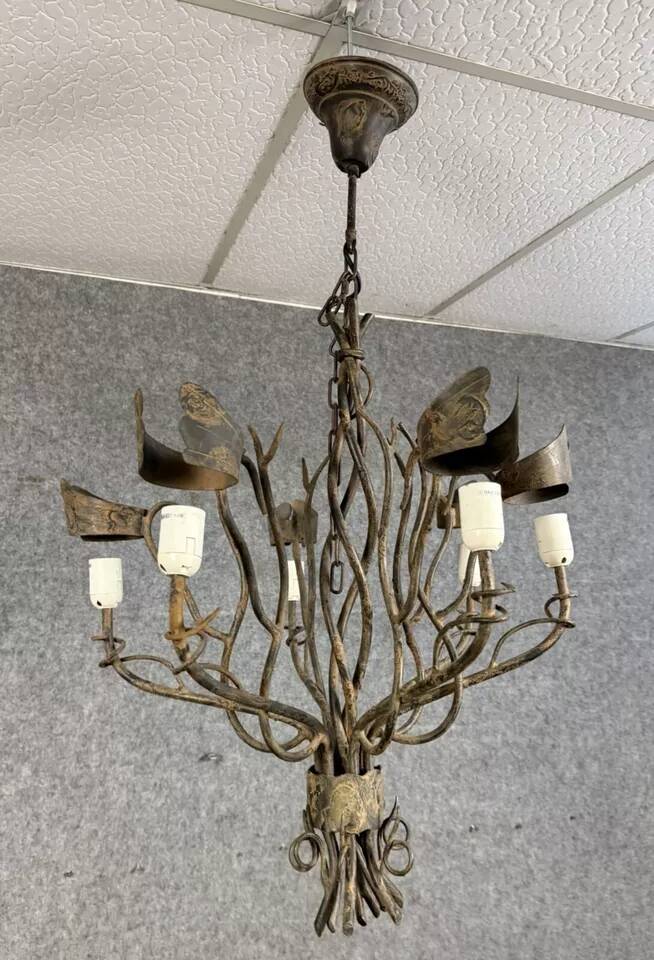 Vintage iron chandelier with rust patina circa 1980