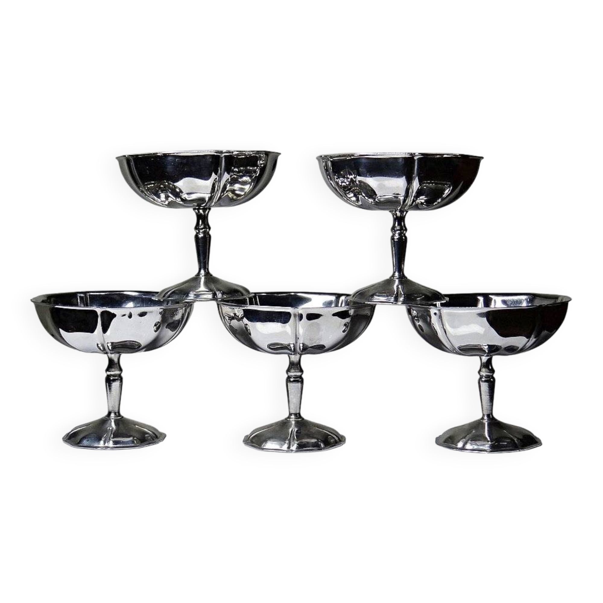 5 vintage bistro-style stainless steel dessert bowls on stands