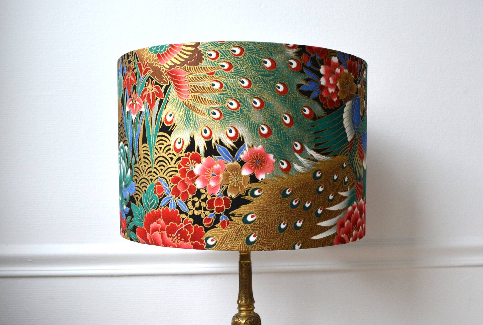 Jouy fabric lampshade, peacock, flowers, gold.
