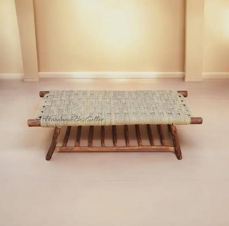 Moroccan bench with hand-woven palm leaf cord
