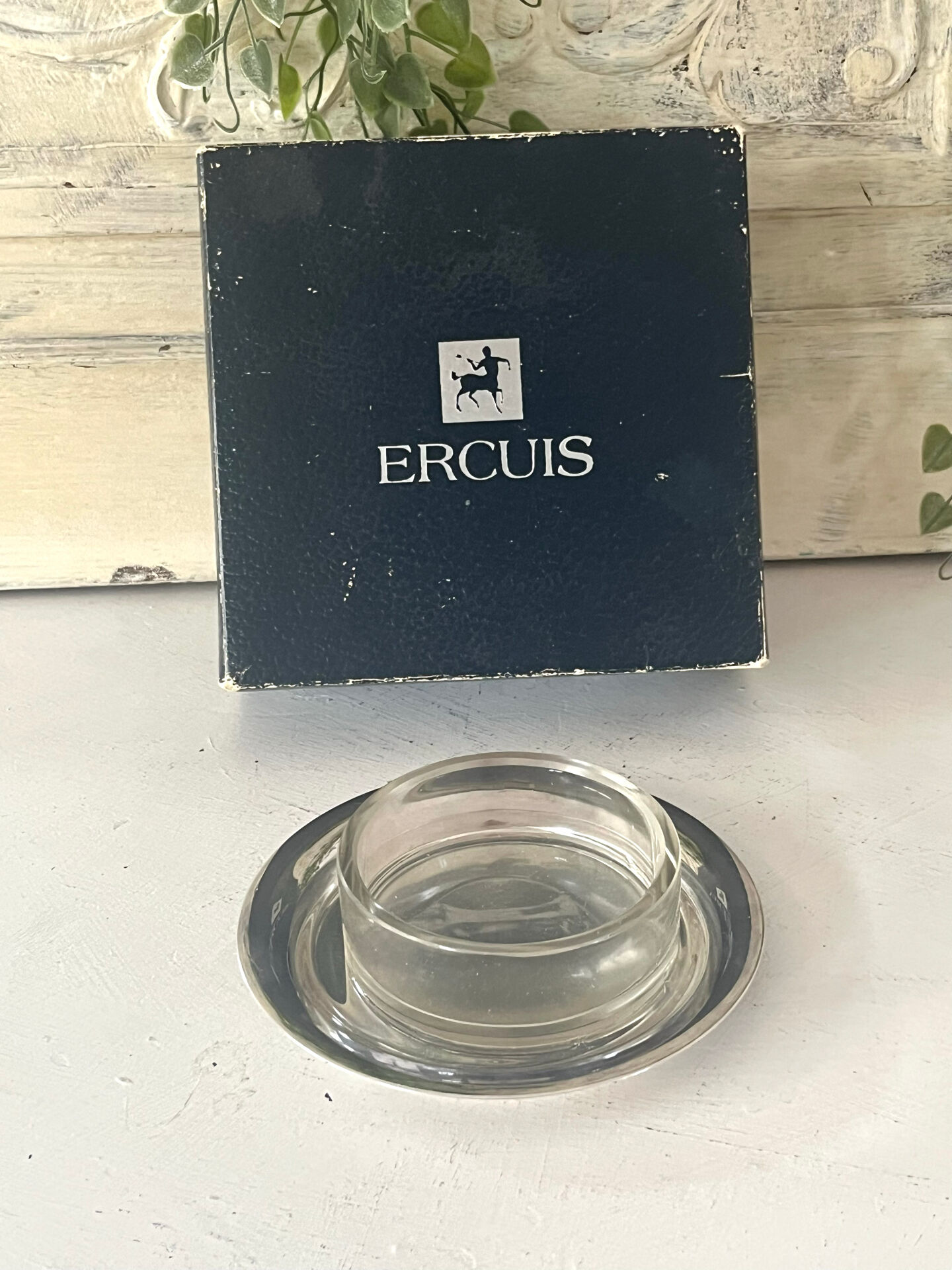 Silver plated butter dish with crystal insert by Ercuis, original box