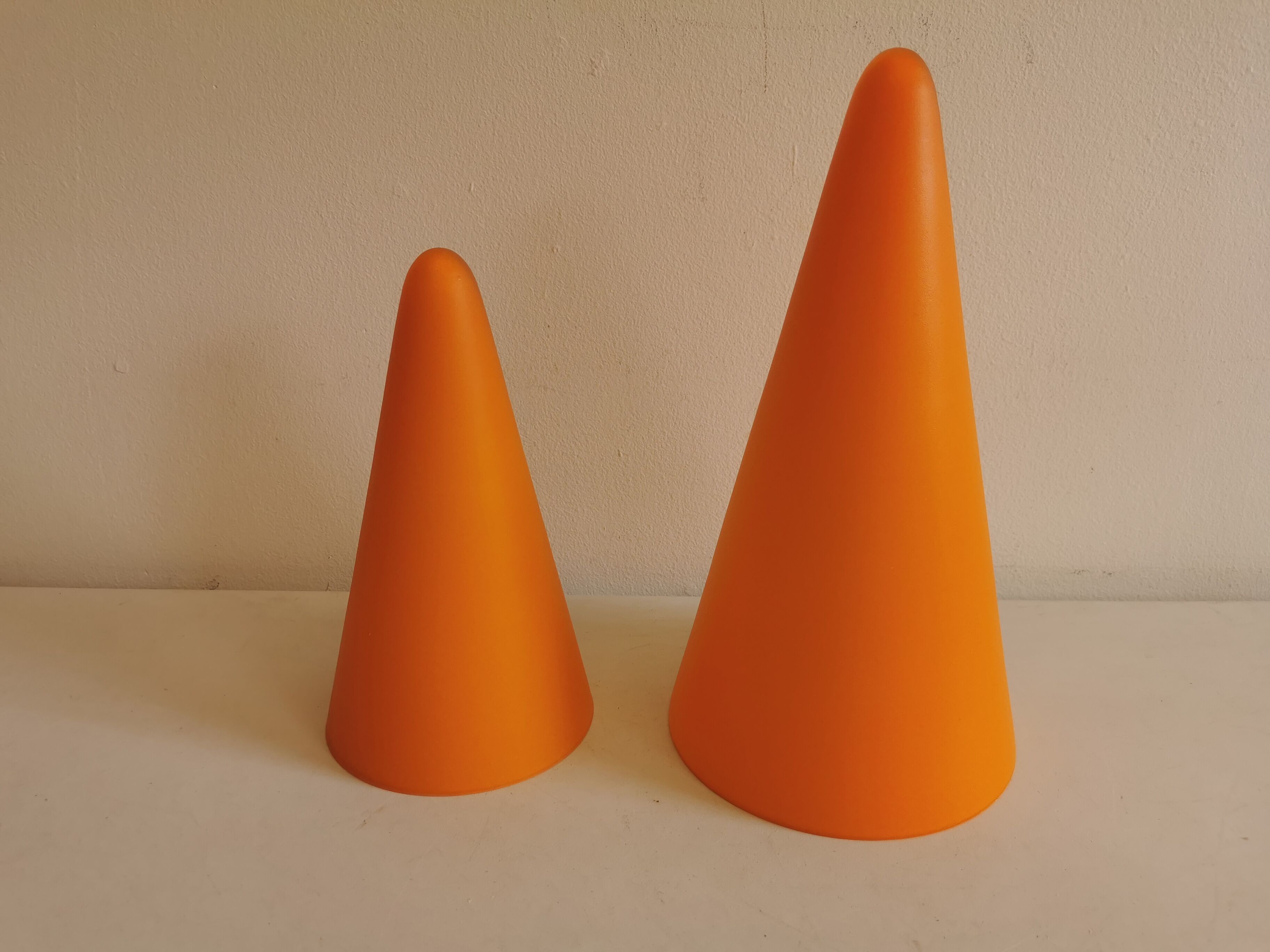 Table lamps, model Teepee, from the 80s in double-layer glass (orange and milky white)