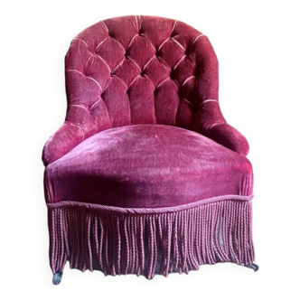 Fauteuil crapaud capitonné ancien époque Napoléon III – XIXe – Velours rouge capitonné