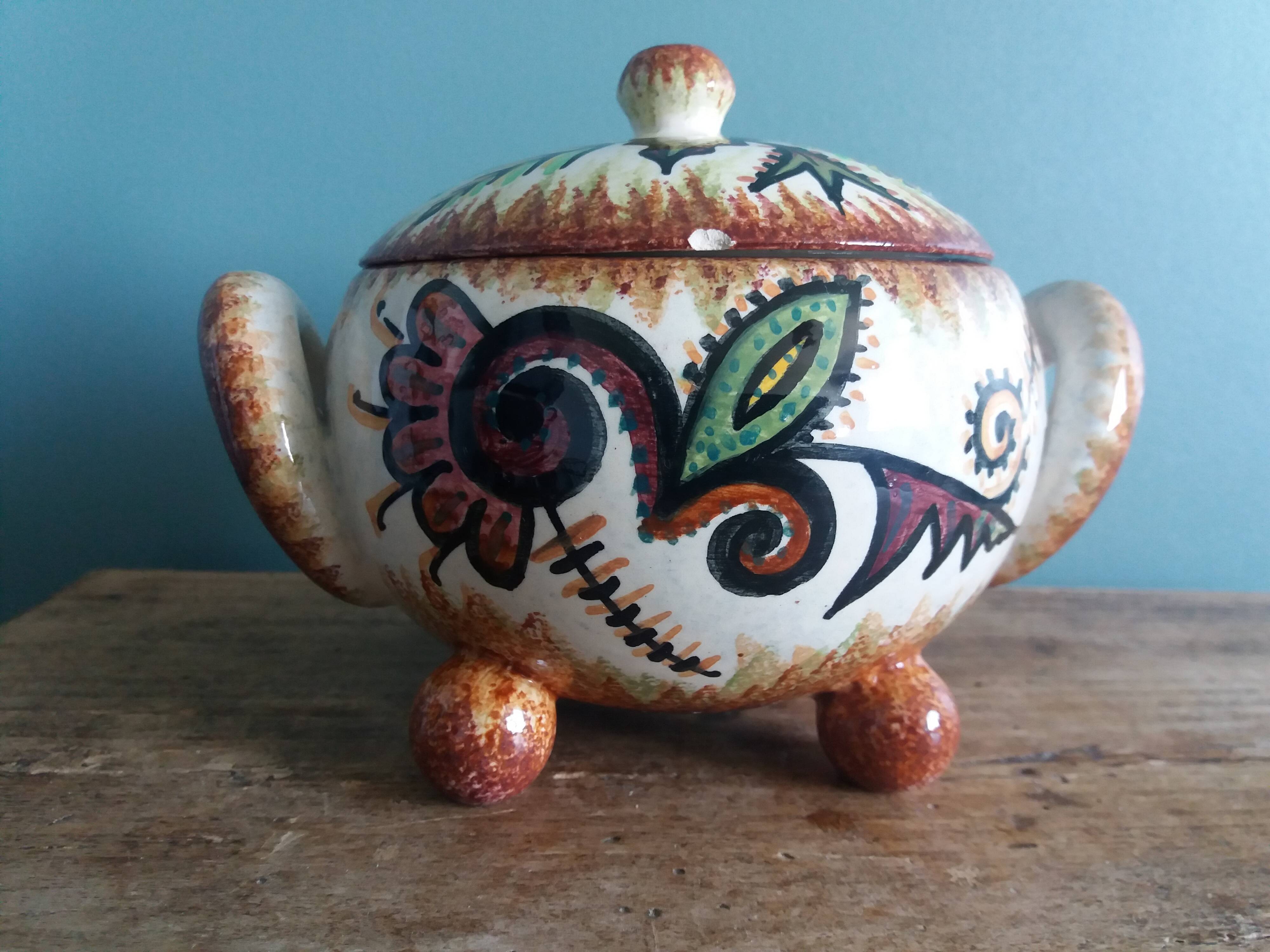 Covered pot workshop Paul Fouillen Quimper signed Maurice Fouillen