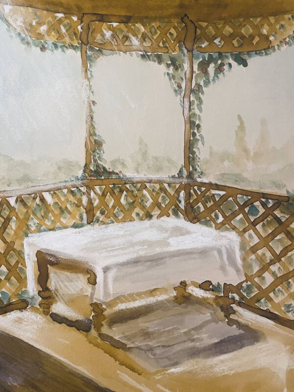 Tableau signé aquarelle paysage « table Provençale sous la tonnelle »