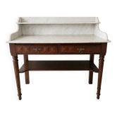 Coiffeuse ancienne style Louis XVI en bois et marbre blanc veiné