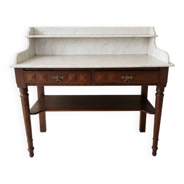 Coiffeuse ancienne style Louis XVI en bois et marbre blanc veiné