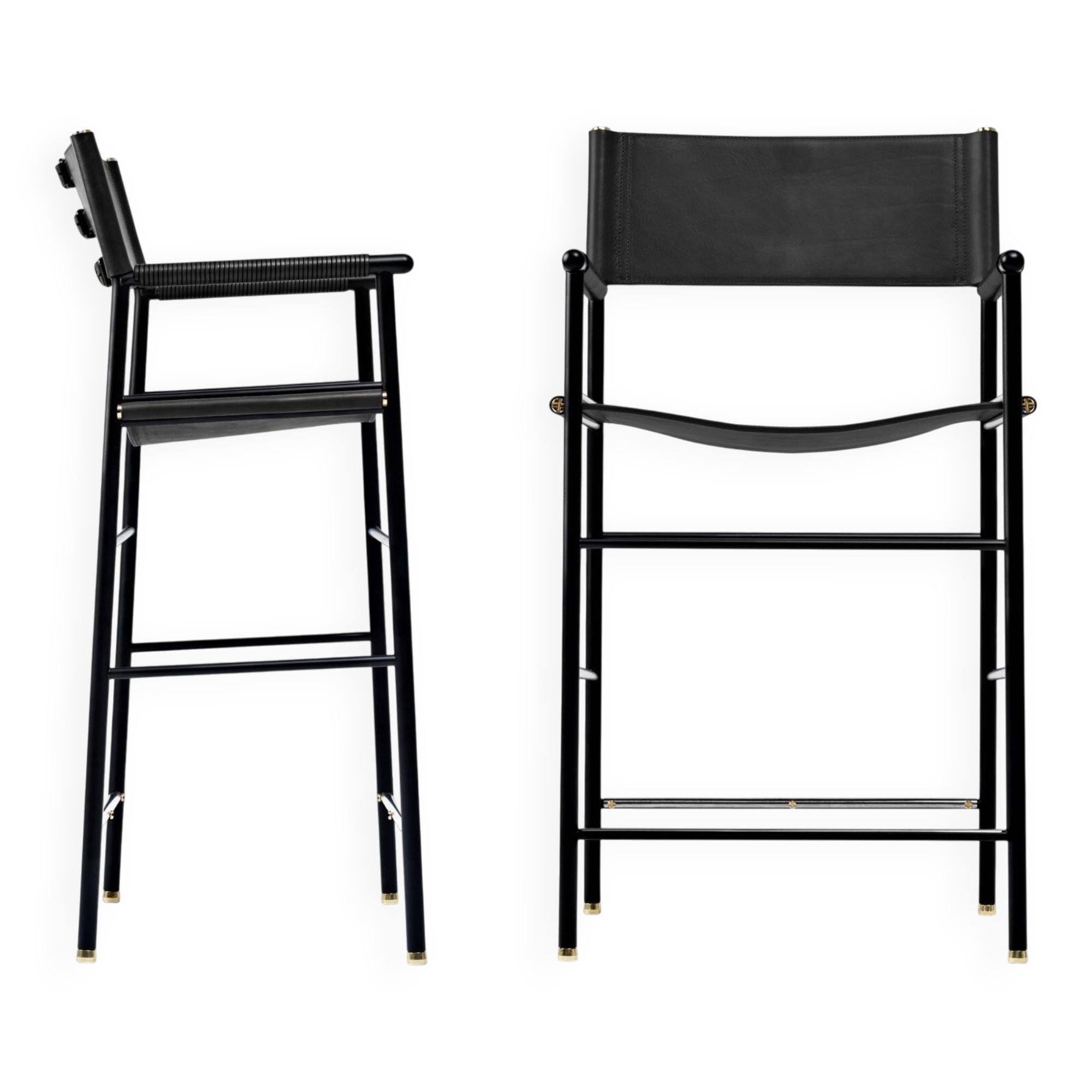 Pair of contemporary bar stools with black leather backrest and metal.