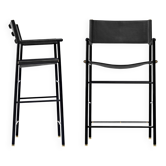 Paire de tabourets de bar contemporains avec dossier en cuir noir et métal