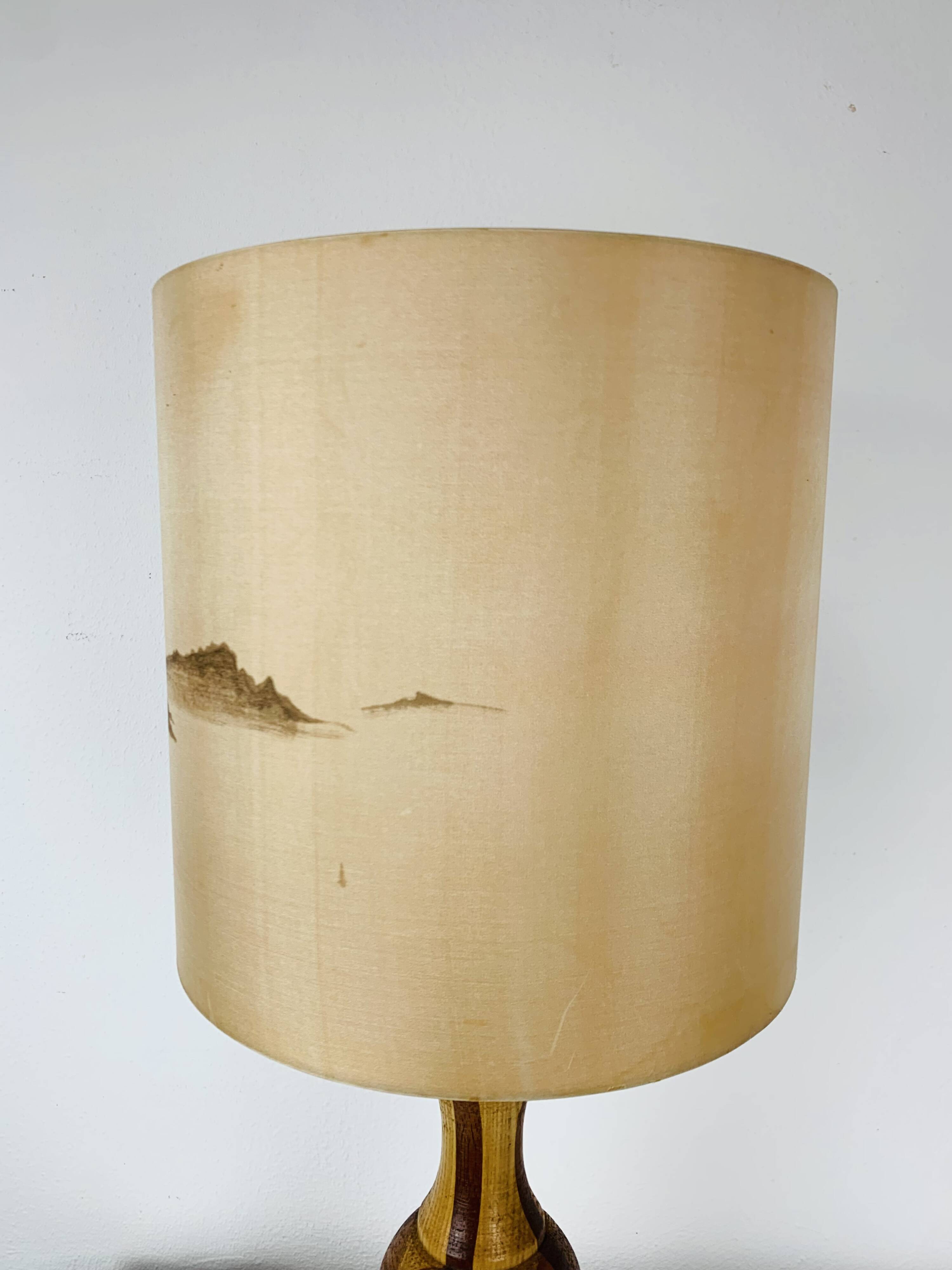 Vintage turned wood lamp, silk lampshade