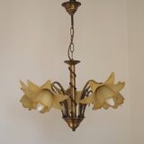 Vintage 5-light chandelier in metal with a bronze effect and flower-shaped lampshades, France.