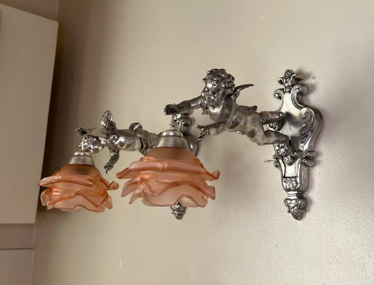 Pair of wall sconces, cherubs, angels, silvered