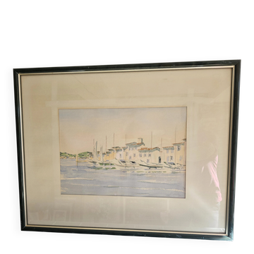 Watercolour painting of the port and boats of Saint-Tropez signed Fulvio.