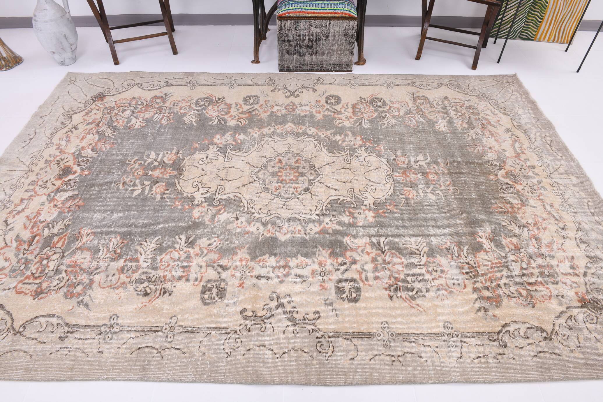 6x9 Ash Gray Handmade Wool Turkish Vintage Rug, 188x290Cm SK 5073